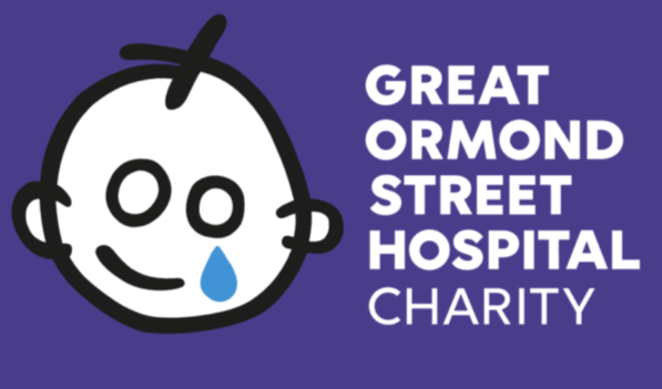 Logo of Great Ormond Street Hospital Charity with a child's face and a blue teardrop on a purple background.