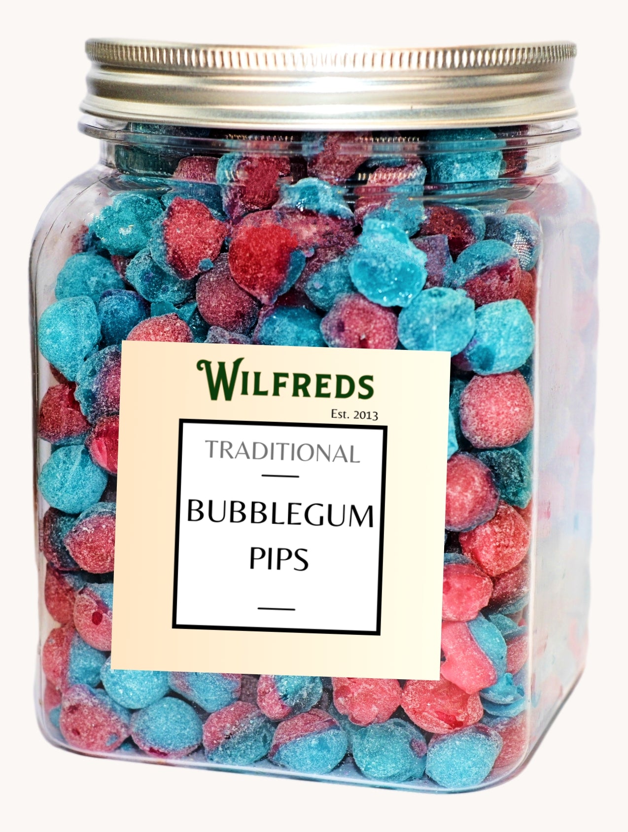 A clear plastic jar filled with red and blue bubblegum pips, with a label in the center that reads 'Wilfreds Traditional Bubblegum Pips'.