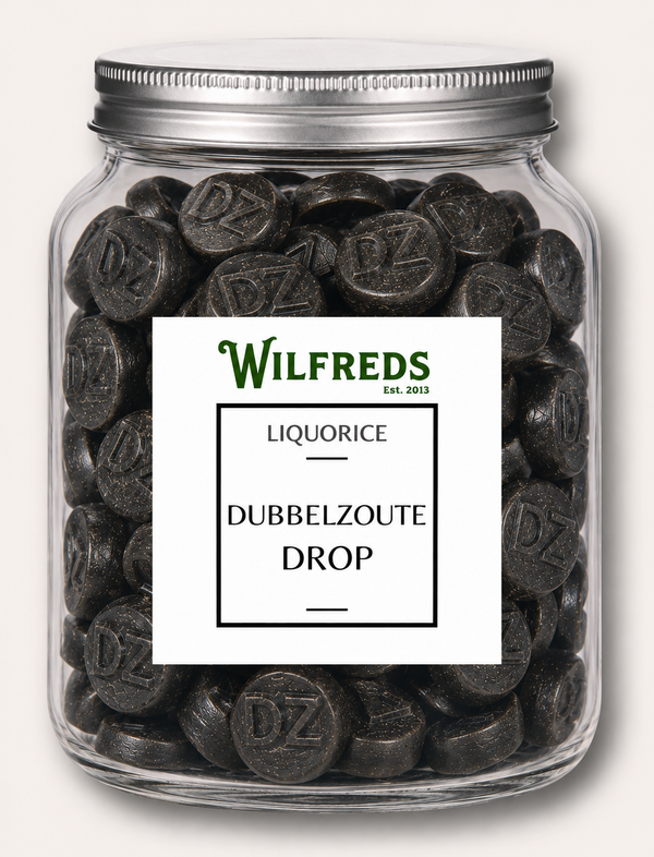 Jar of Wilfreds Dubbelzoute Drop liquorice with a white label on a light gray background