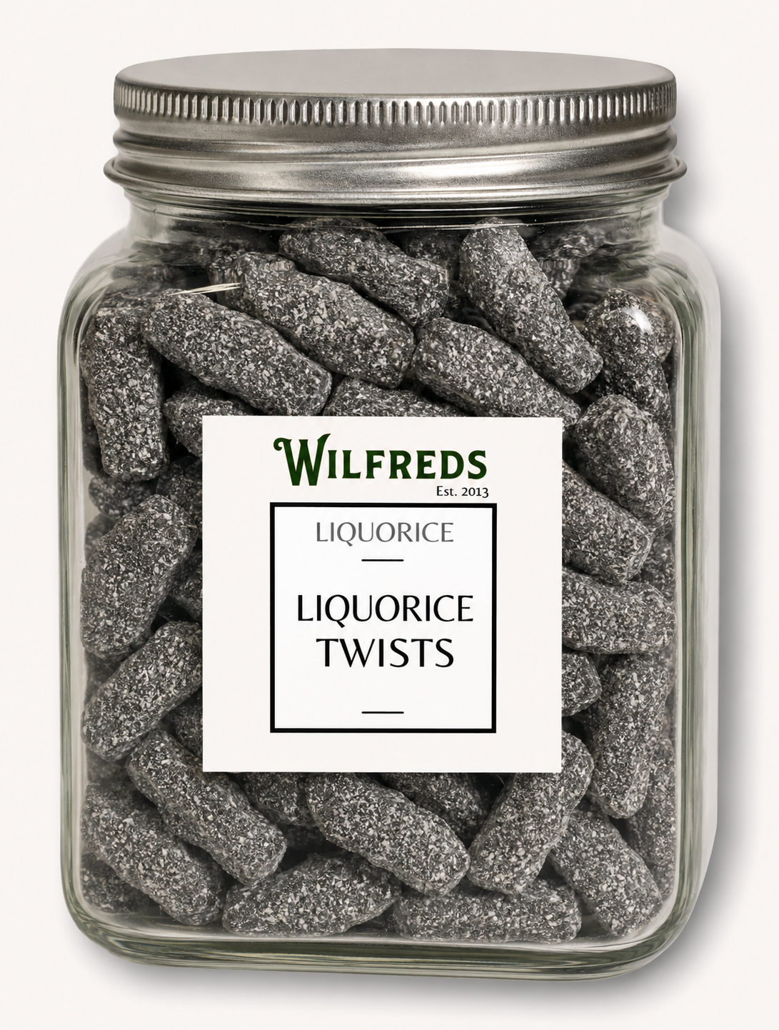 Jar of Wilfreds Liquorice Twists with a label on a white background