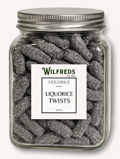 Jar of Wilfreds Liquorice Twists with a label on a white background