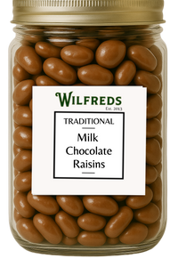 Jar of Wilfreds Traditional Milk Chocolate Raisins on a white background