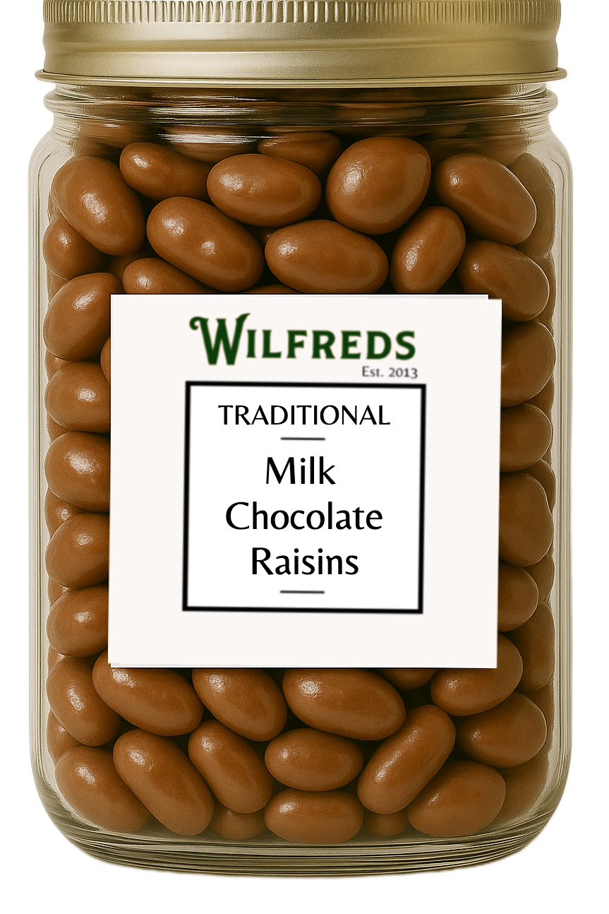 Jar of Wilfreds Traditional Milk Chocolate Raisins on a white background