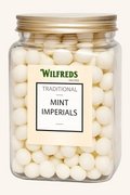 Jar of Wilfreds Traditional Mint Imperials with a gold lid on a white background
