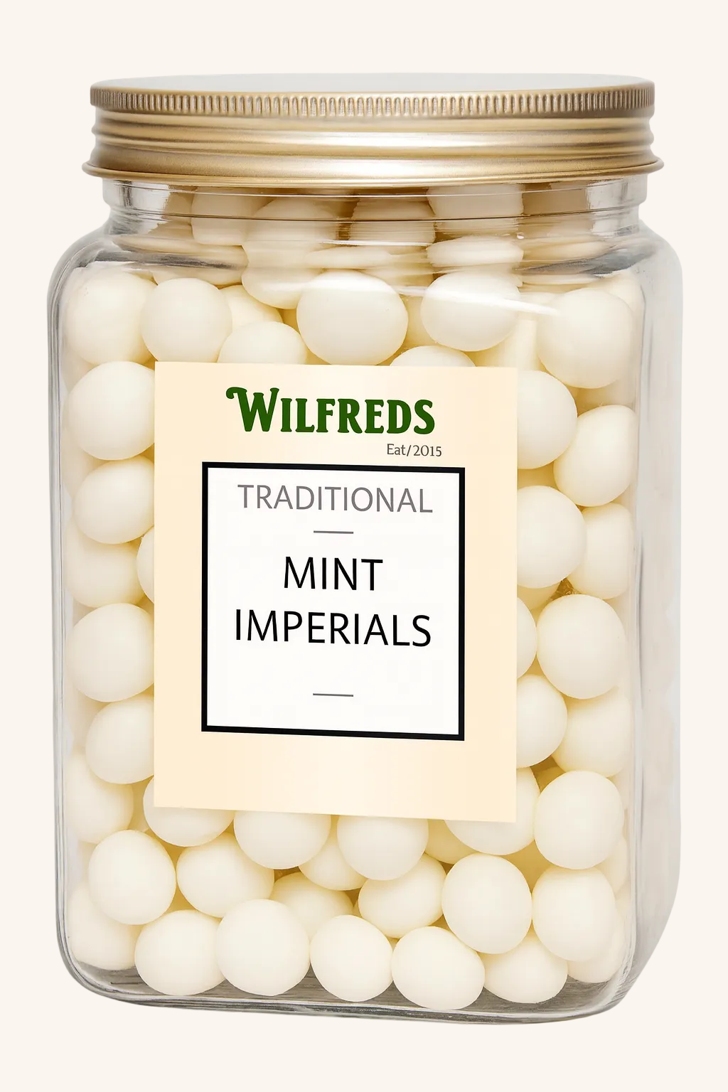 Jar of Wilfreds Traditional Mint Imperials with a gold lid on a white background