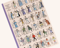 Notebook with illustrations of women from history and their names on a beige background