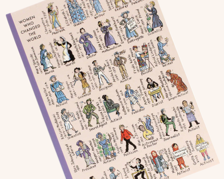 Notebook with illustrations of women from history and their names on a beige background