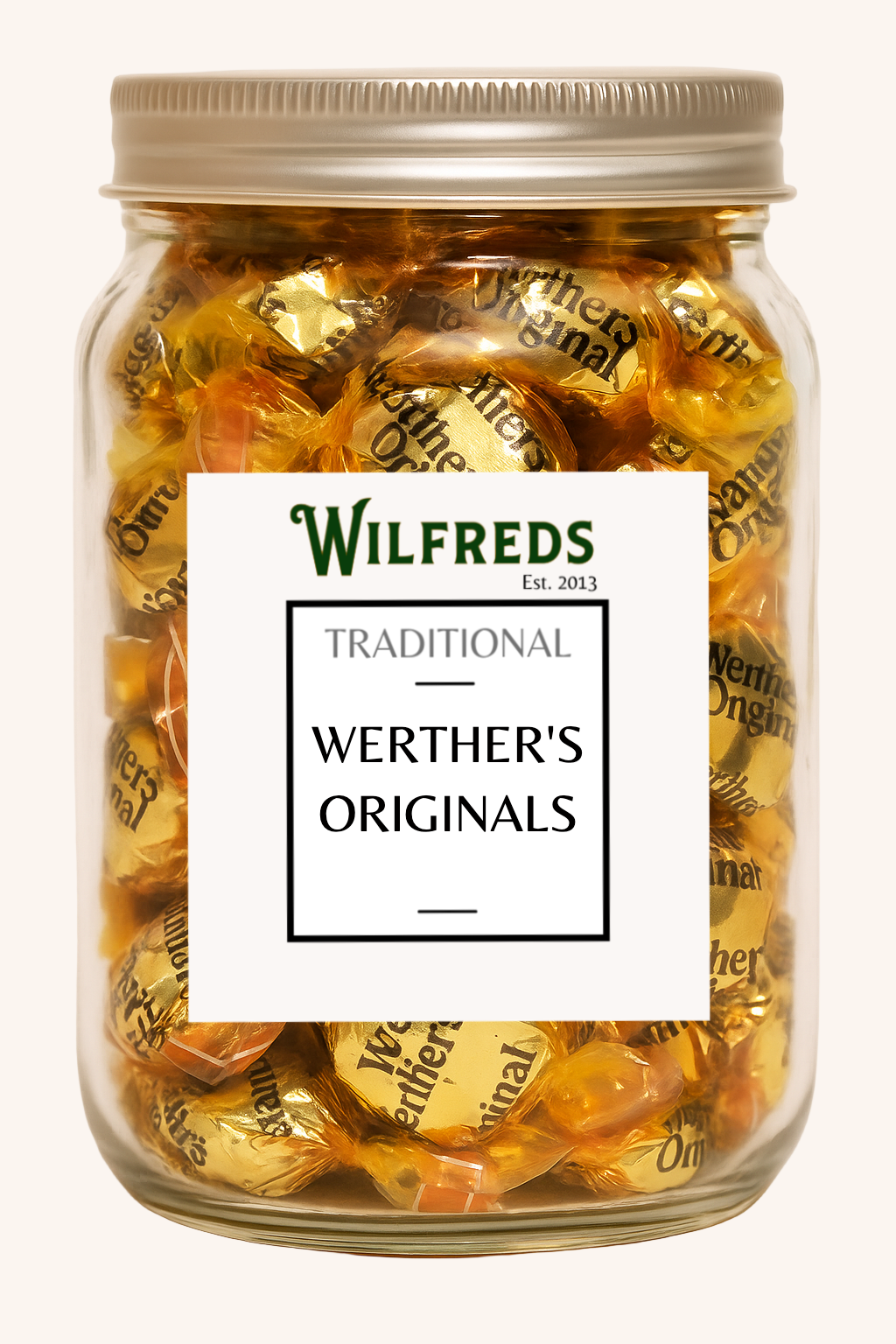 Jar of Werther's Originals candies with a Wilfreds label on a beige background