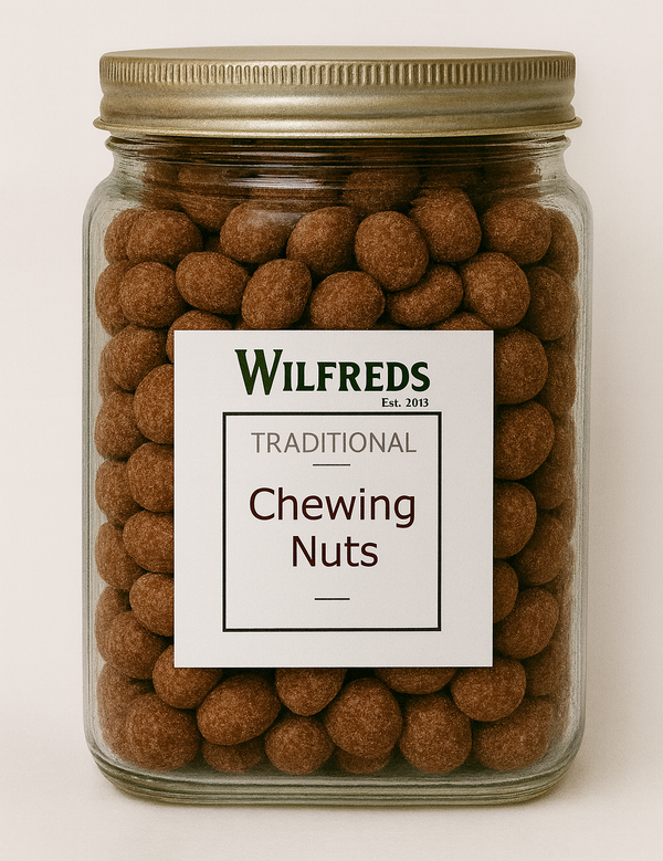 Jar of Wilfreds Traditional Chewing Nuts with a white label on a beige background