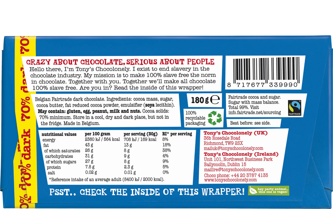 TONY’S CHOCOLONELY 70% DARK CHOCOLATE BAR