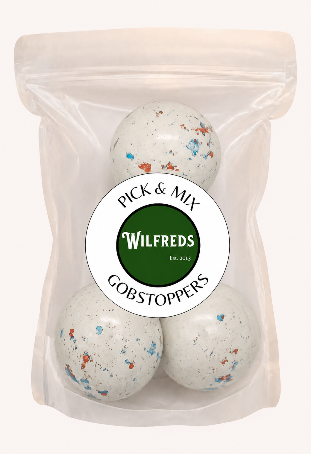Pack of Wilfreds Pick & Mix Gobstoppers with a clear bag on a white background