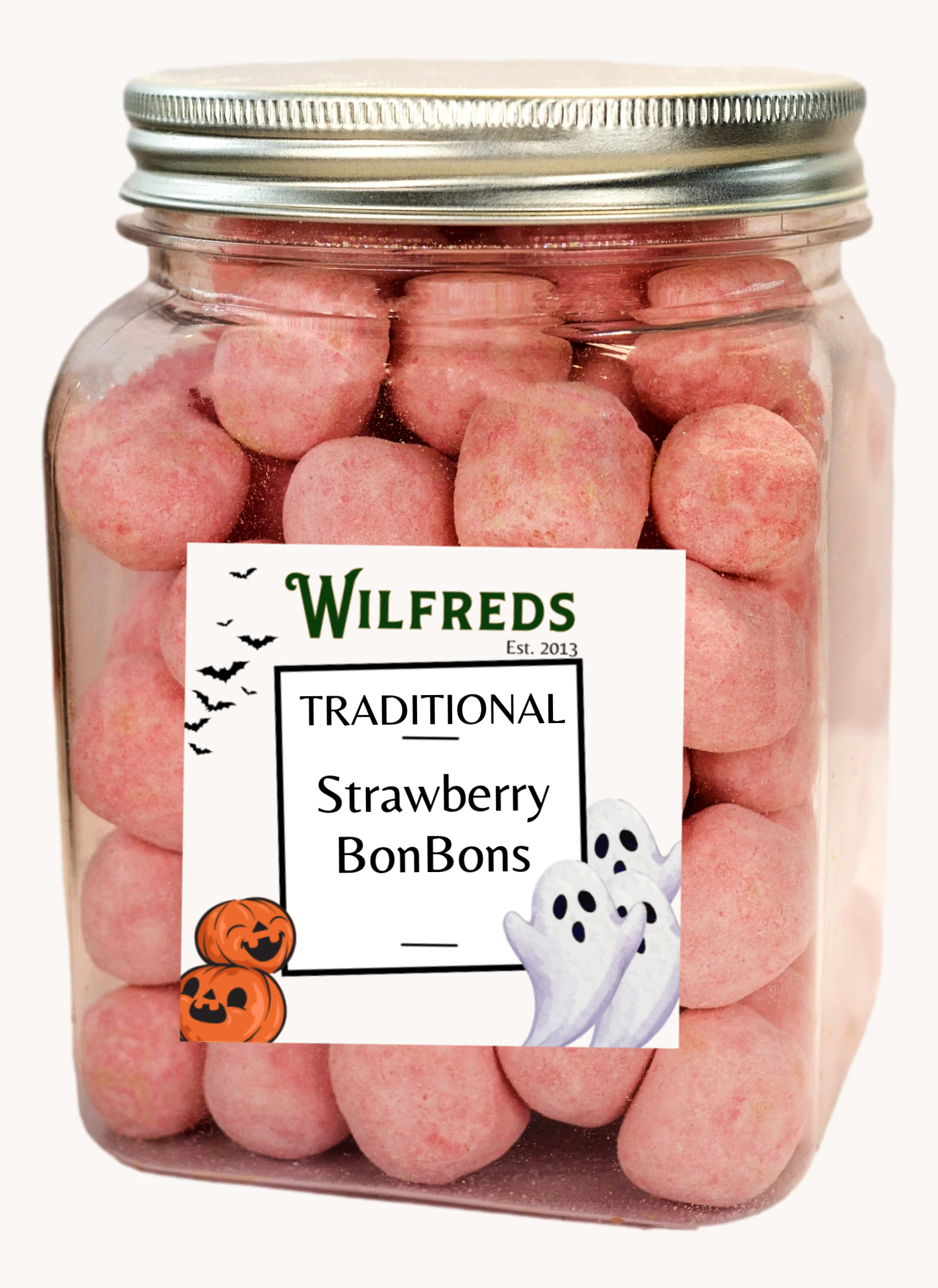 Jar of strawberry bonbons with a Wilfreds label on a white background