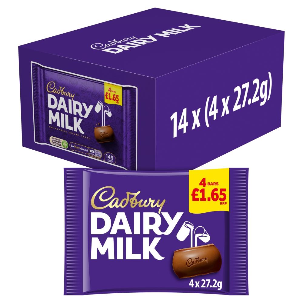 CADBURY DAIRY MILK CHOCOLATE BAR 4 PACK 108.8G – 14 X (4 X 27.2G) MULTIPACKS