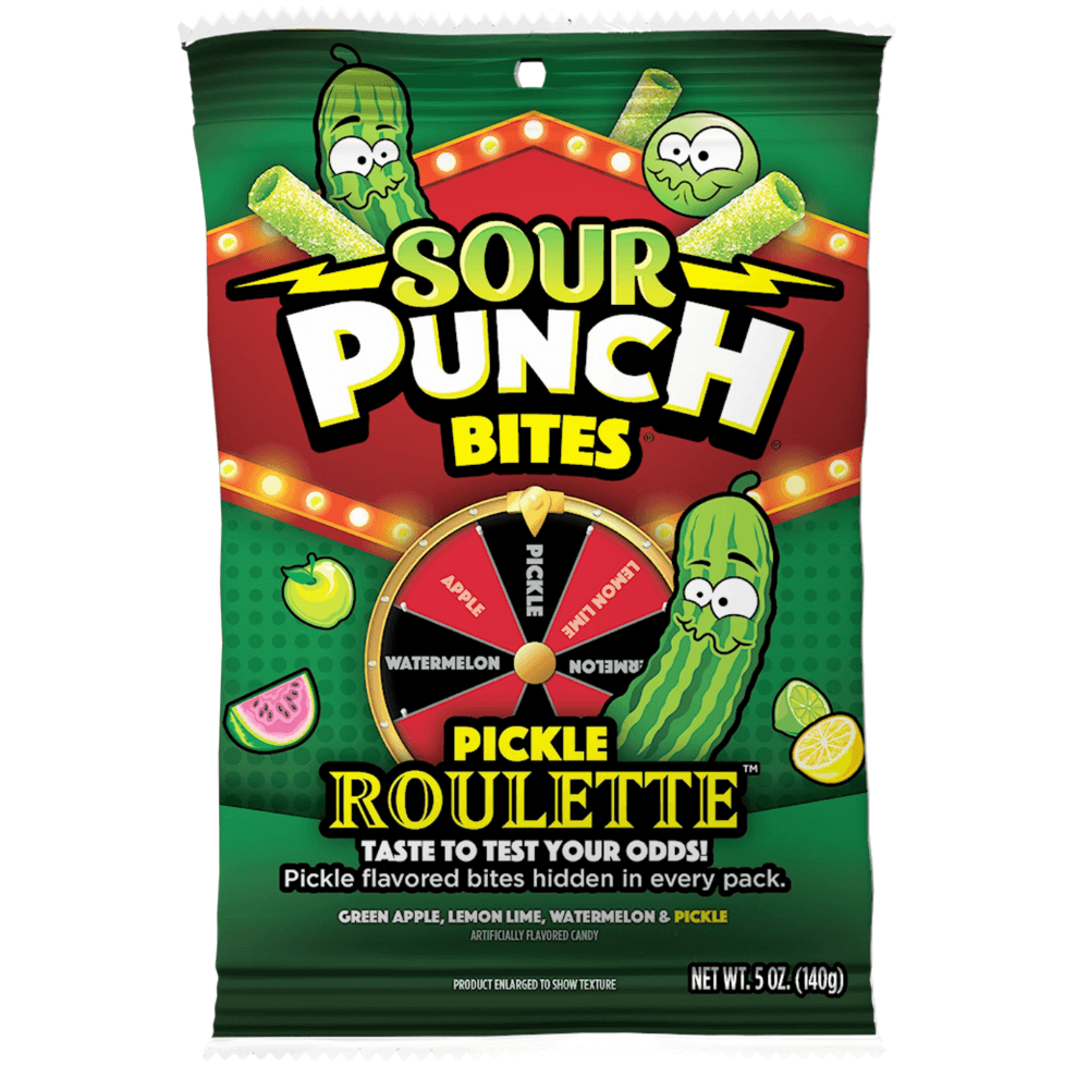 SOUR PUNCH PICKLE ROULETTE BITES 140G BAG – 12 X 140G BAGS