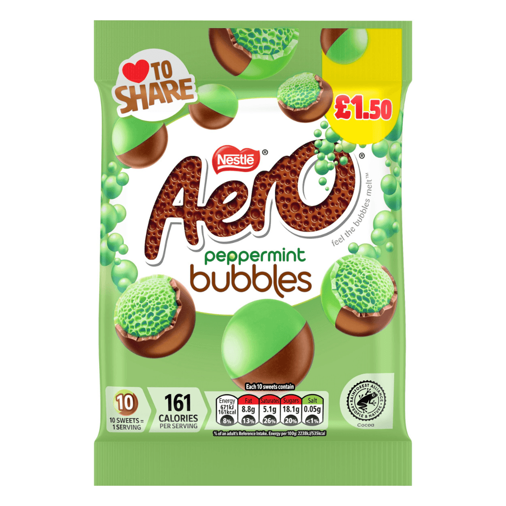 AERO BUBBLES PEPPERMINT CHOCOLATE SHARING BAG 80G (£1.50) – 12 X 80G BAGS - 0