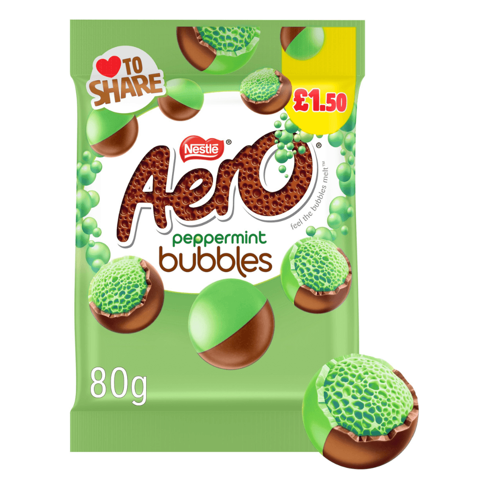 AERO BUBBLES PEPPERMINT CHOCOLATE SHARING BAG 80G (£1.50)