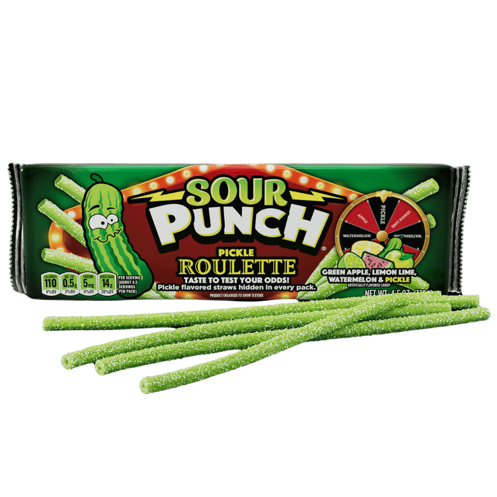 SOUR PUNCH PICKLE ROULETTE STRAWS 128G – 24 X 128G PACKS - 0