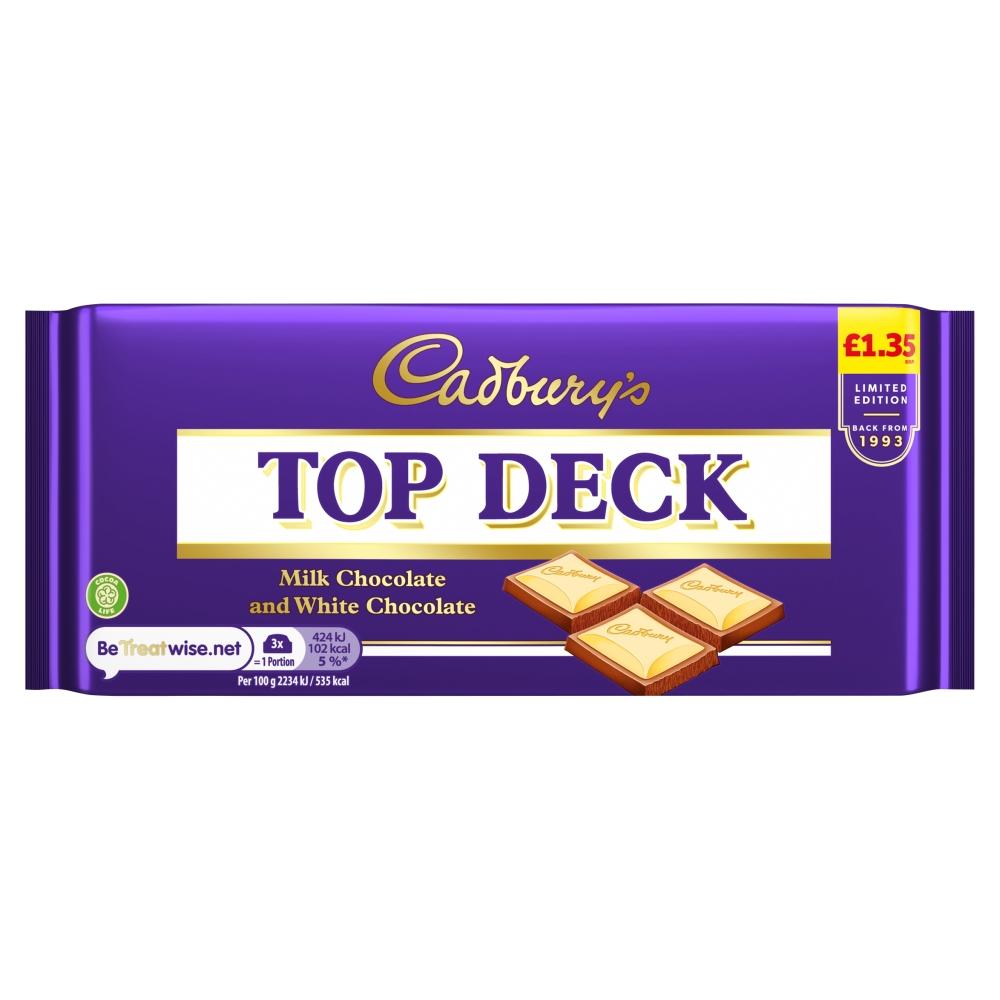 CADBURY TOP DECK MILK AND WHITE CHOCOLATE BAR 95G