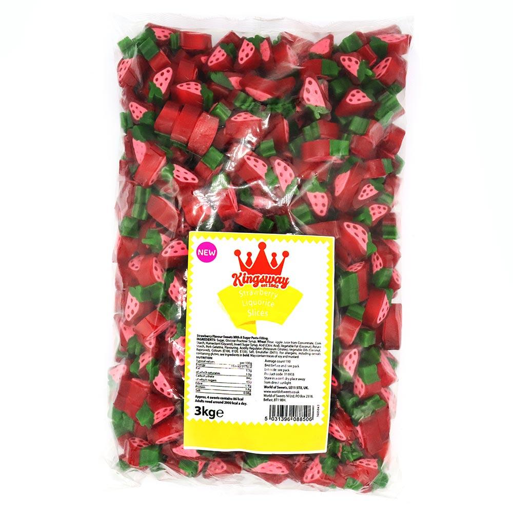 KINGSWAY STRAWBERRY LIQUORICE SLICES 3KG BAG – 1 X 3KG BAG - 0
