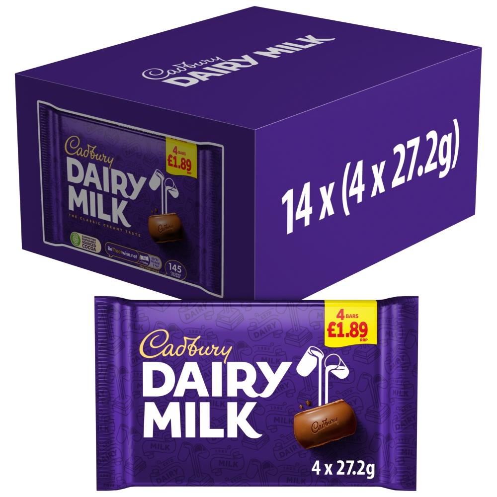 CADBURY DAIRY MILK CHOCOLATE BAR 4 PACK 108.8G (PMP) – 14 X (4 X 27.2G) MULTIPACKS
