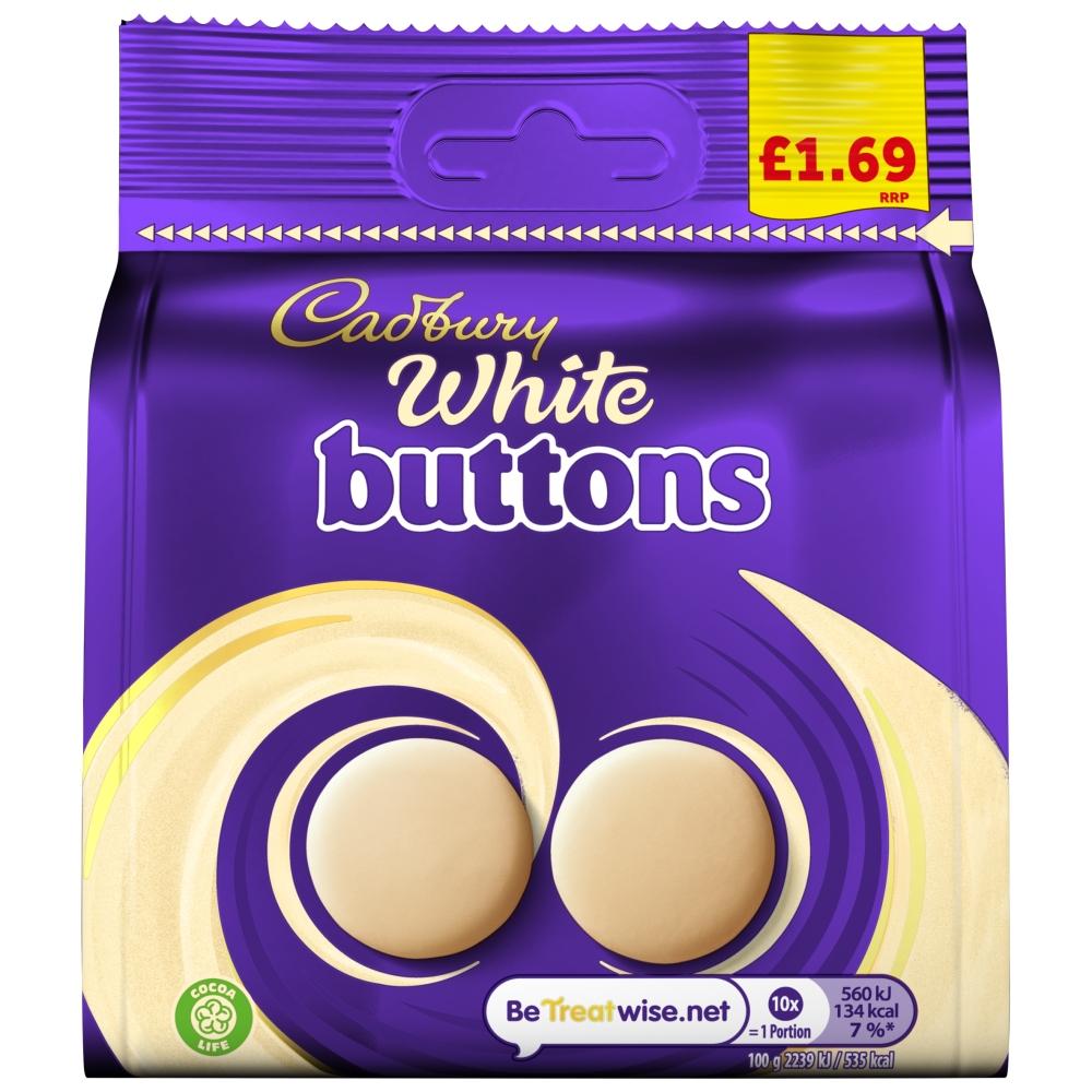 CADBURY WHITE CHOCOLATE BUTTONS 85G BAG – 10 X 85G BAGS