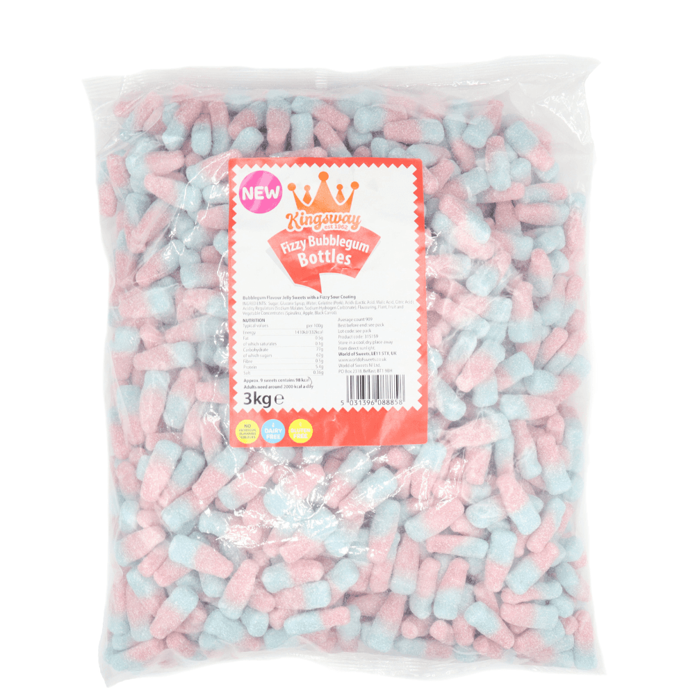 KINGSWAY FIZZY BUBBLEGUM BOTTLES 3KG BAG – 1 X 3KG BAG - 0