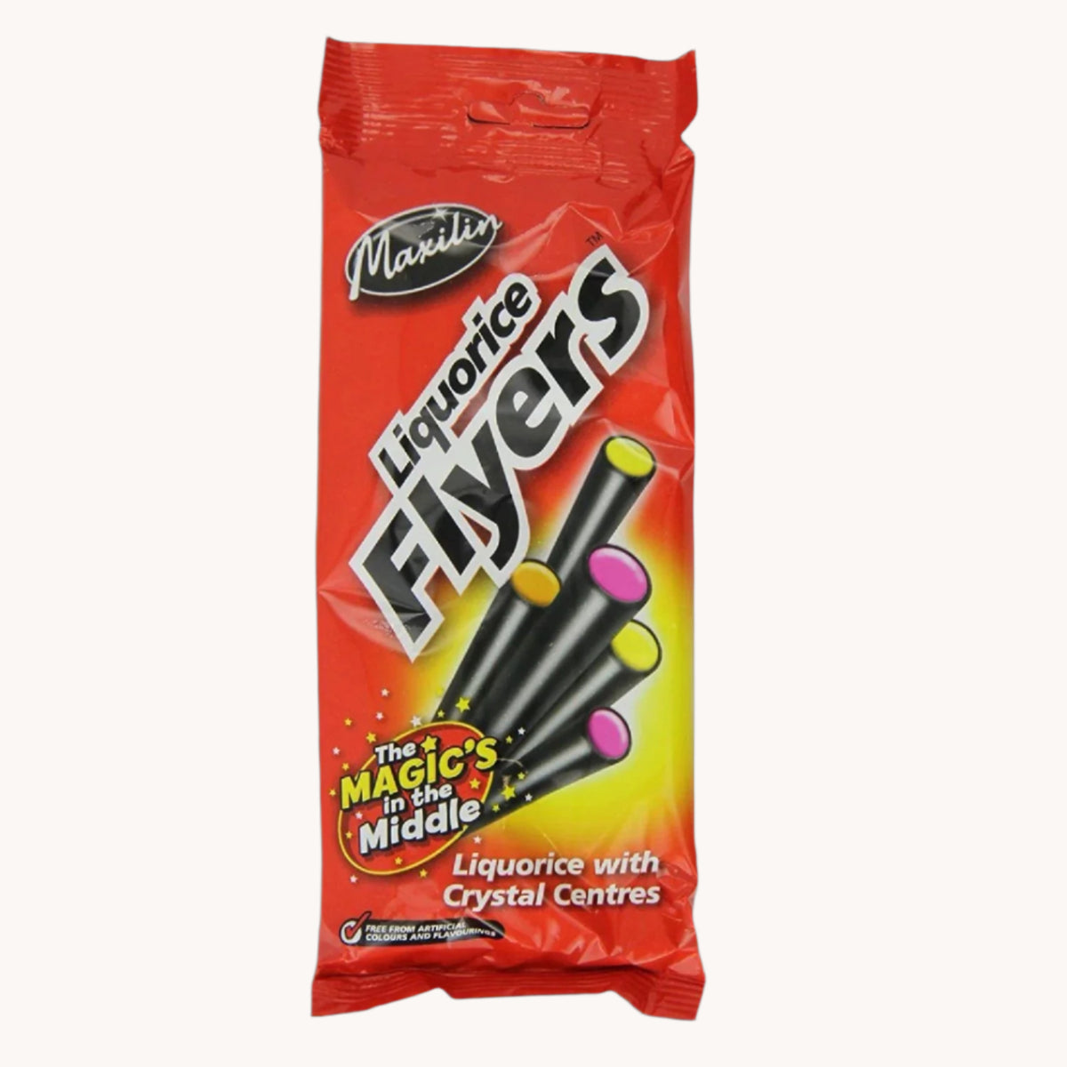 A package of Maxilin Liquorice Flyers with red, yellow, and black colors on the packaging.